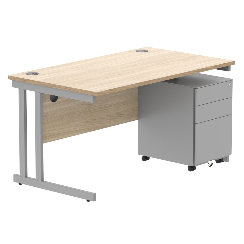 Double Upright Rectangular Desk + Under Desk Steel Pedestal 3 Drawers (FSC) | 1400X800 | Canadian Oak/Silver