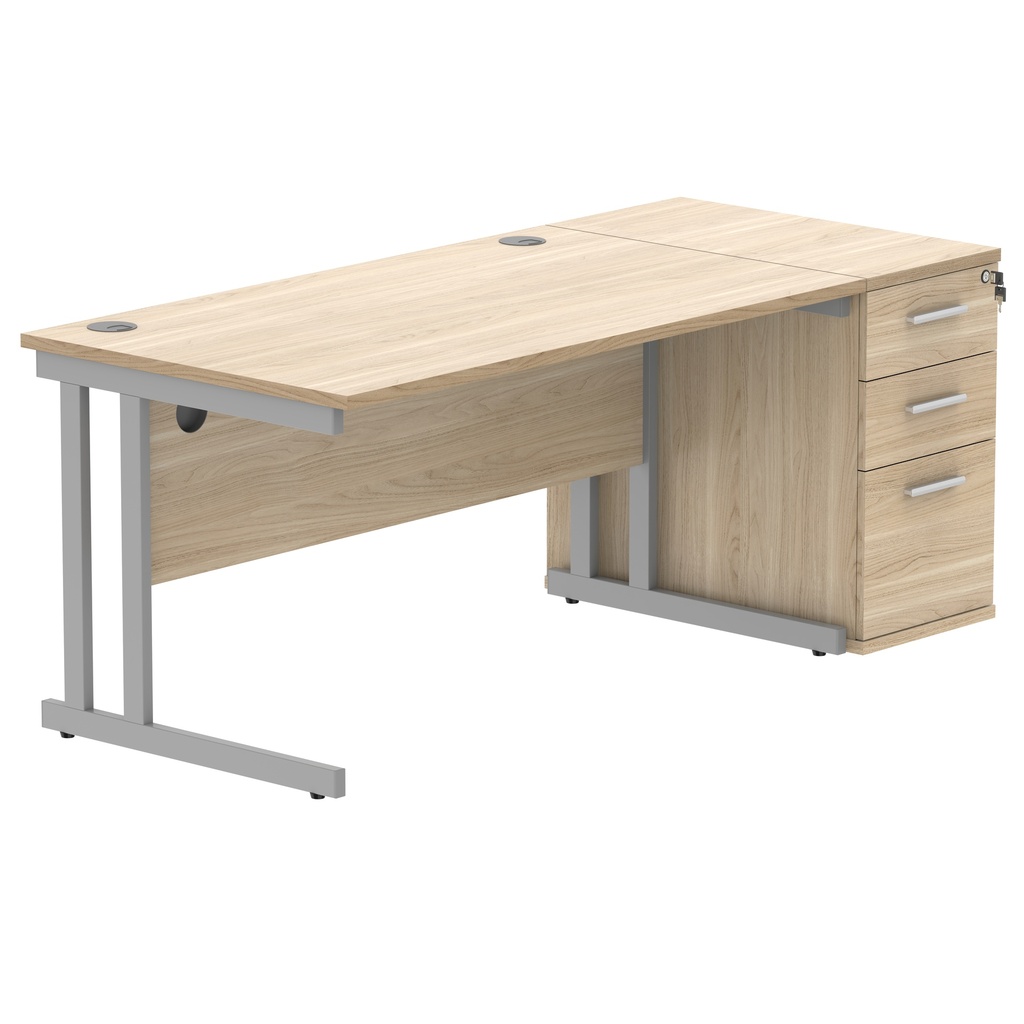 Double Upright Rectangular Desk + Desk High Pedestal (FSC) | 1400X800 | Canadian Oak/Silver