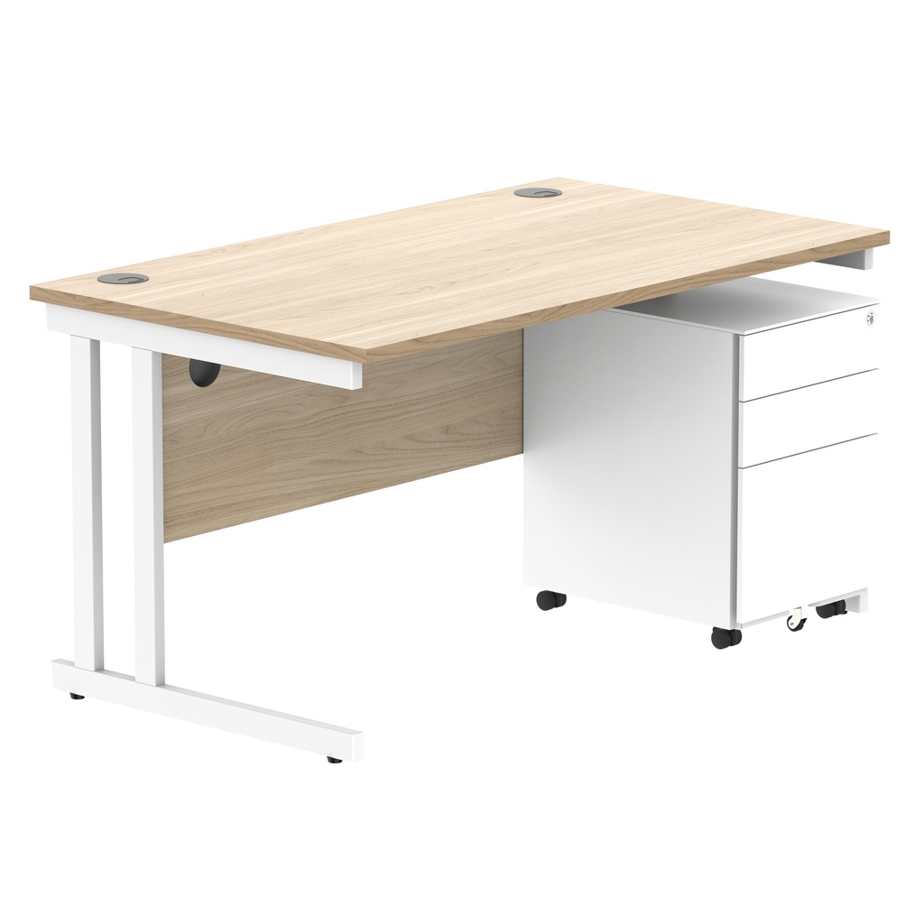 Double Upright Rectangular Desk + Under Desk Steel Pedestal 3 Drawers (FSC) | 1400X800 | Canadian Oak/White