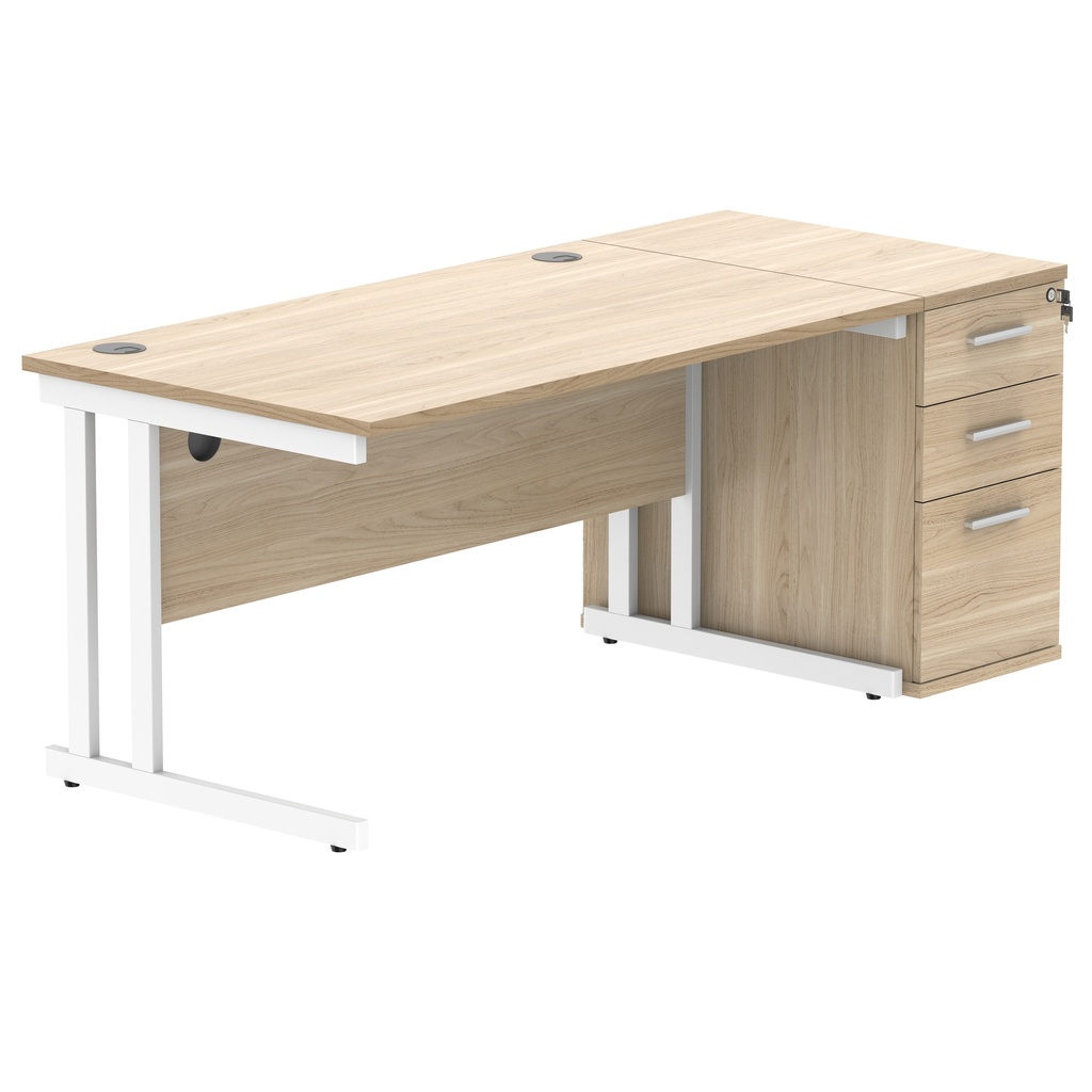 Double Upright Rectangular Desk + Desk High Pedestal (FSC) | 1400X800 | Canadian Oak/White