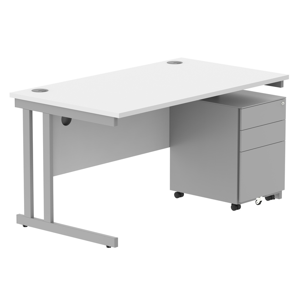 Double Upright Rectangular Desk + Under Desk Steel Pedestal 3 Drawers (FSC) | 1400X800 | Arctic White/Silver