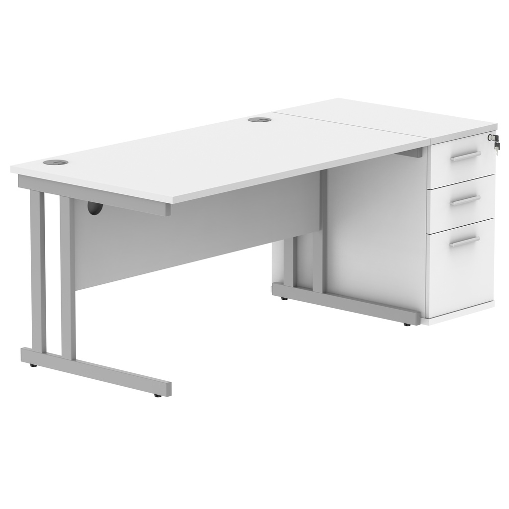 Double Upright Rectangular Desk + Desk High Pedestal (FSC) | 1400X800 | Arctic White/Silver