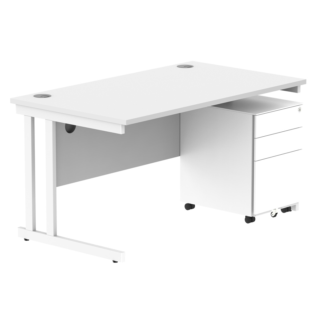 Double Upright Rectangular Desk + Under Desk Steel Pedestal 3 Drawers (FSC) | 1400X800 | Arctic White/White