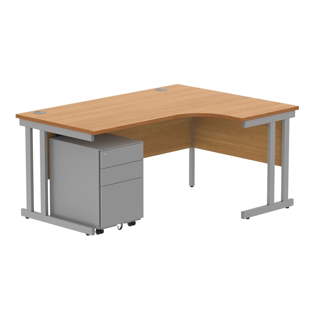 Double Upright Right Hand Radial Desk + Under Desk Steel Pedestal 3 Drawers (FSC) | 1600X1200 | Norwegian Beech/Silver