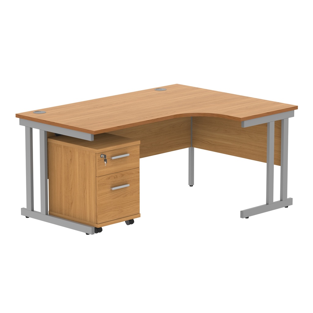 Double Upright Right Hand Radial Desk + 2 Drawer Mobile Under Desk Pedestal (FSC) | 1600X1200 | Norwegian Beech/Silver