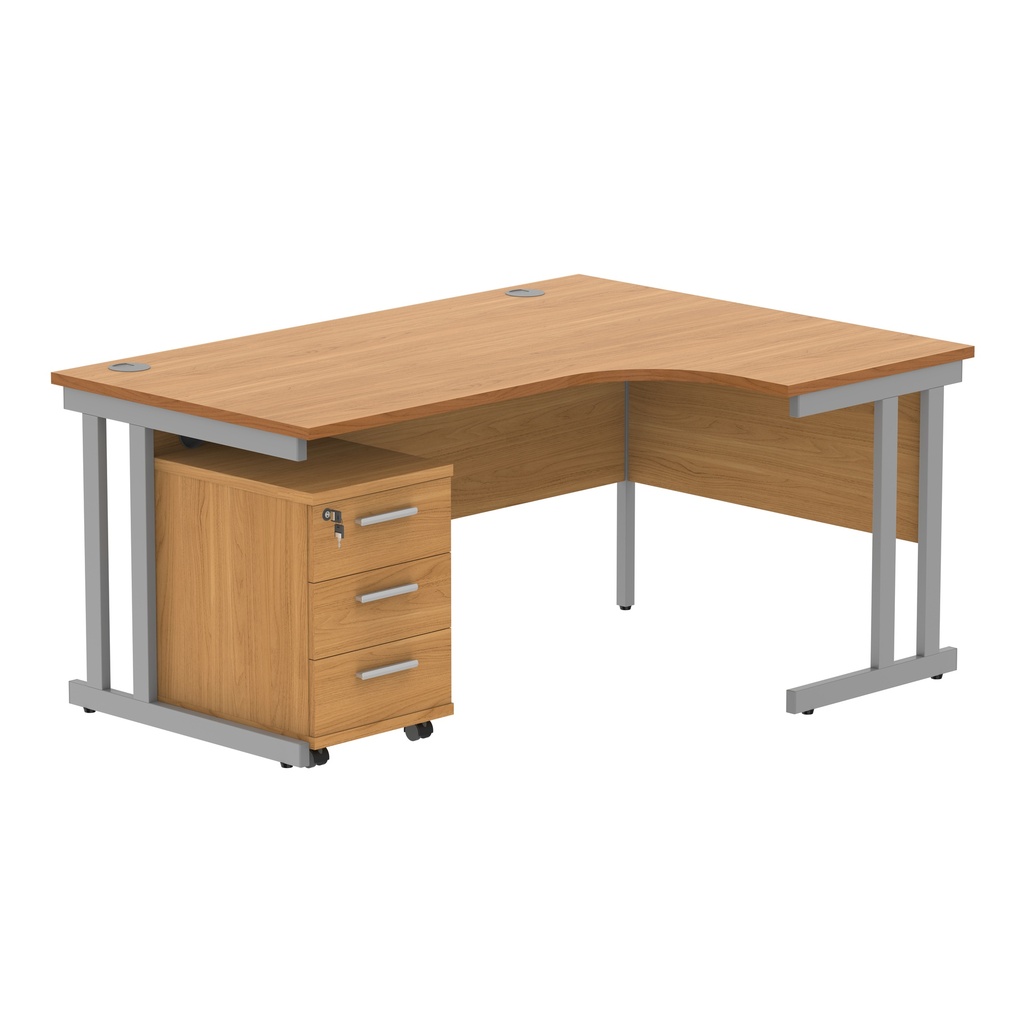 Double Upright Right Hand Radial Desk + 3 Drawer Mobile Under Desk Pedestal (FSC) | 1600X1200 | Norwegian Beech/Silver