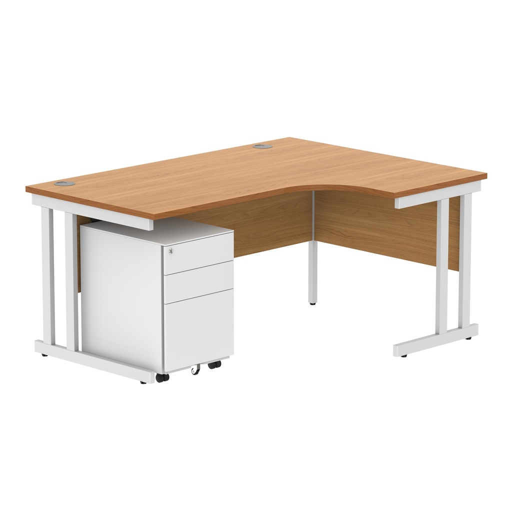 Double Upright Right Hand Radial Desk + Under Desk Steel Pedestal 3 Drawers (FSC) | 1600X1200 | Norwegian Beech/White