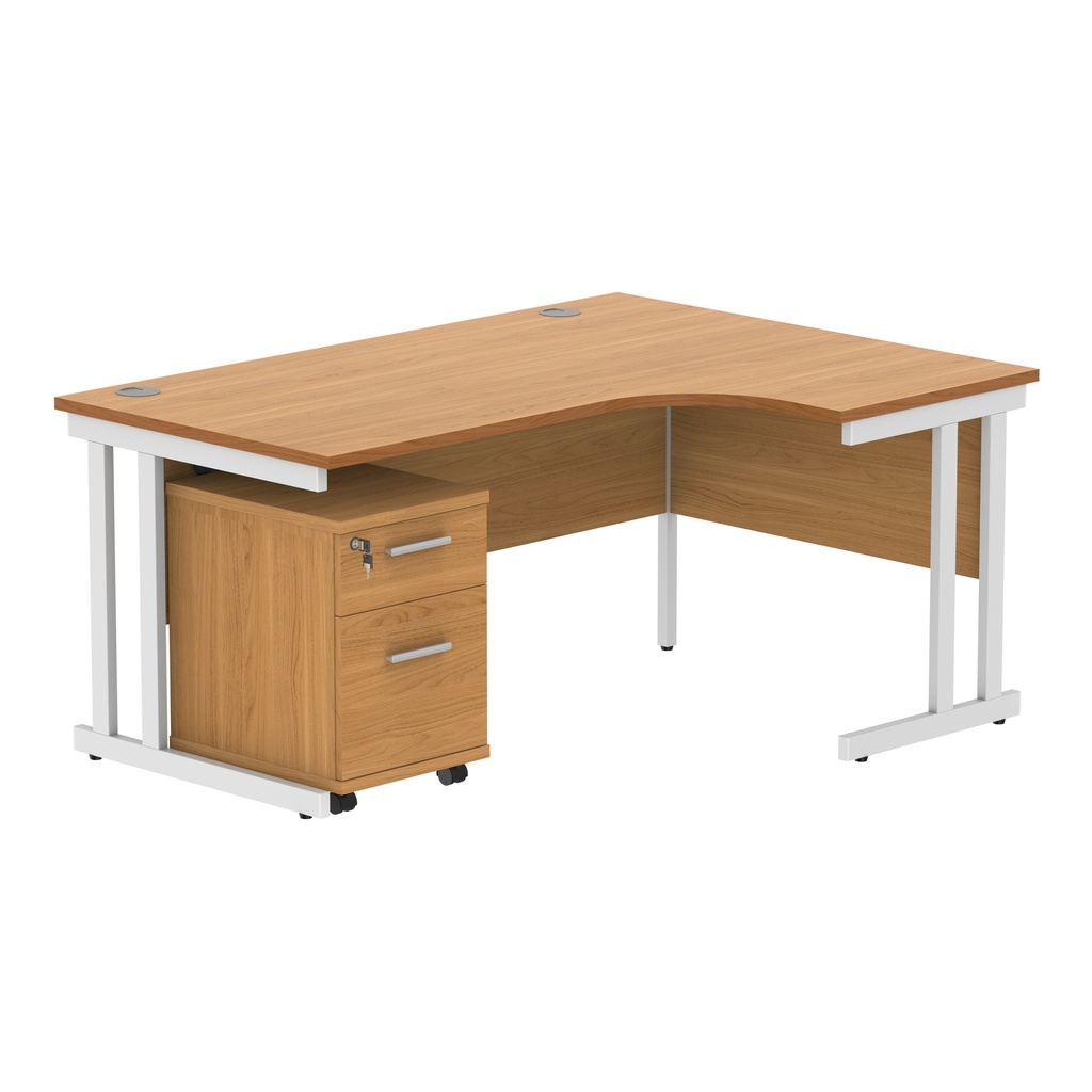 Double Upright Right Hand Radial Desk + 2 Drawer Mobile Under Desk Pedestal (FSC) | 1600X1200 | Norwegian Beech/White