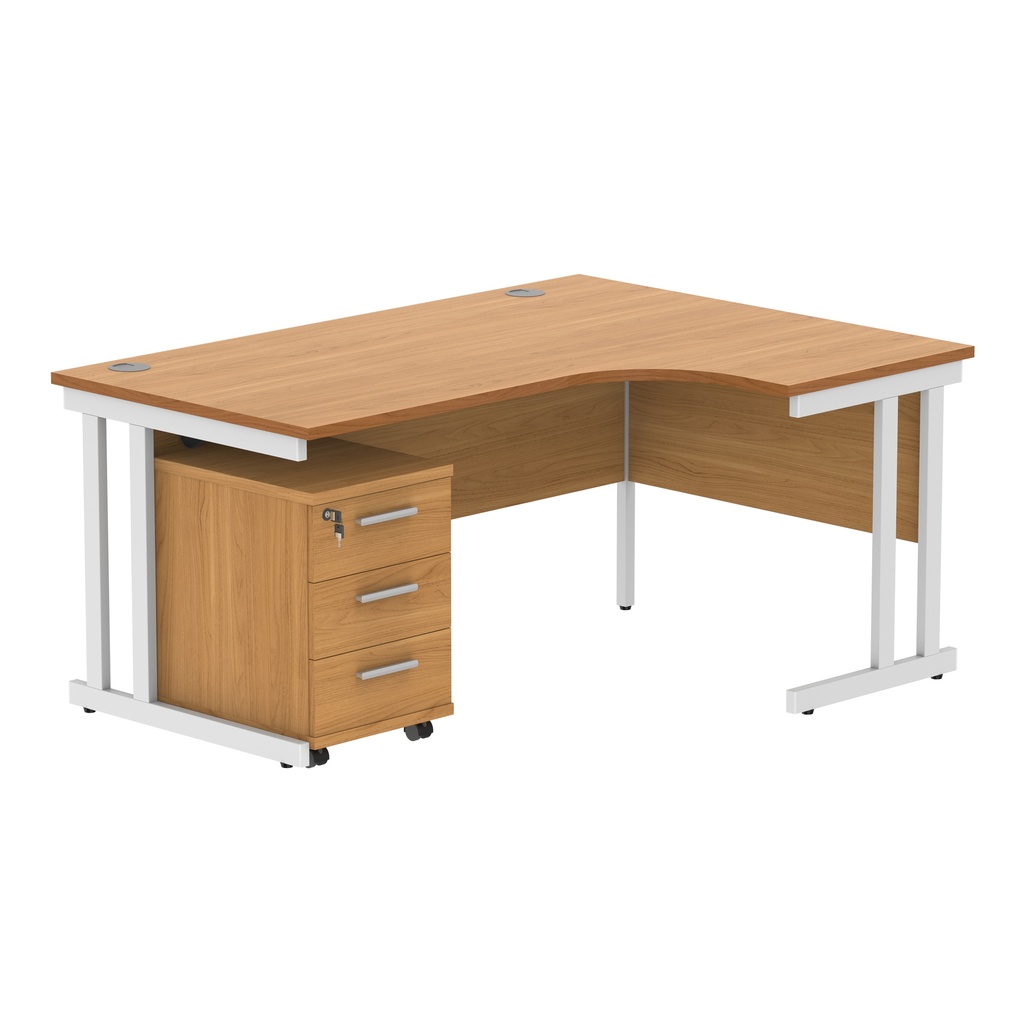 Double Upright Right Hand Radial Desk + 3 Drawer Mobile Under Desk Pedestal (FSC) | 1600X1200 | Norwegian Beech/White