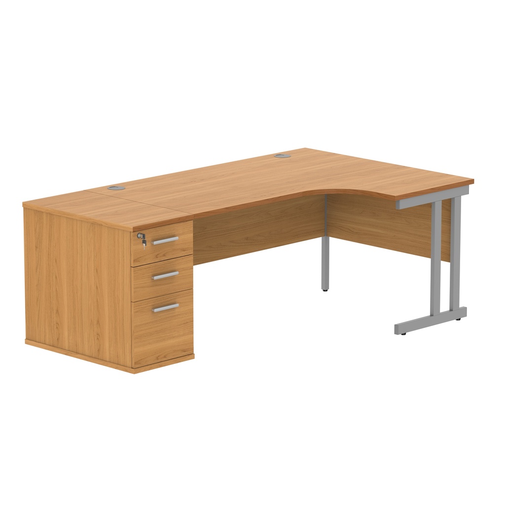 Double Upright Right Hand Radial Desk + Desk High Pedestal (FSC) | 800mm Deep Pedestal | 1600X1200 | Norwegian Beech/Silver