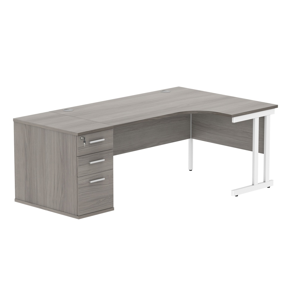 Double Upright Right Hand Radial Desk + Desk High Pedestal (FSC) | 800mm Deep Pedestal | 1600X1200 | Alaskan Grey Oak/White
