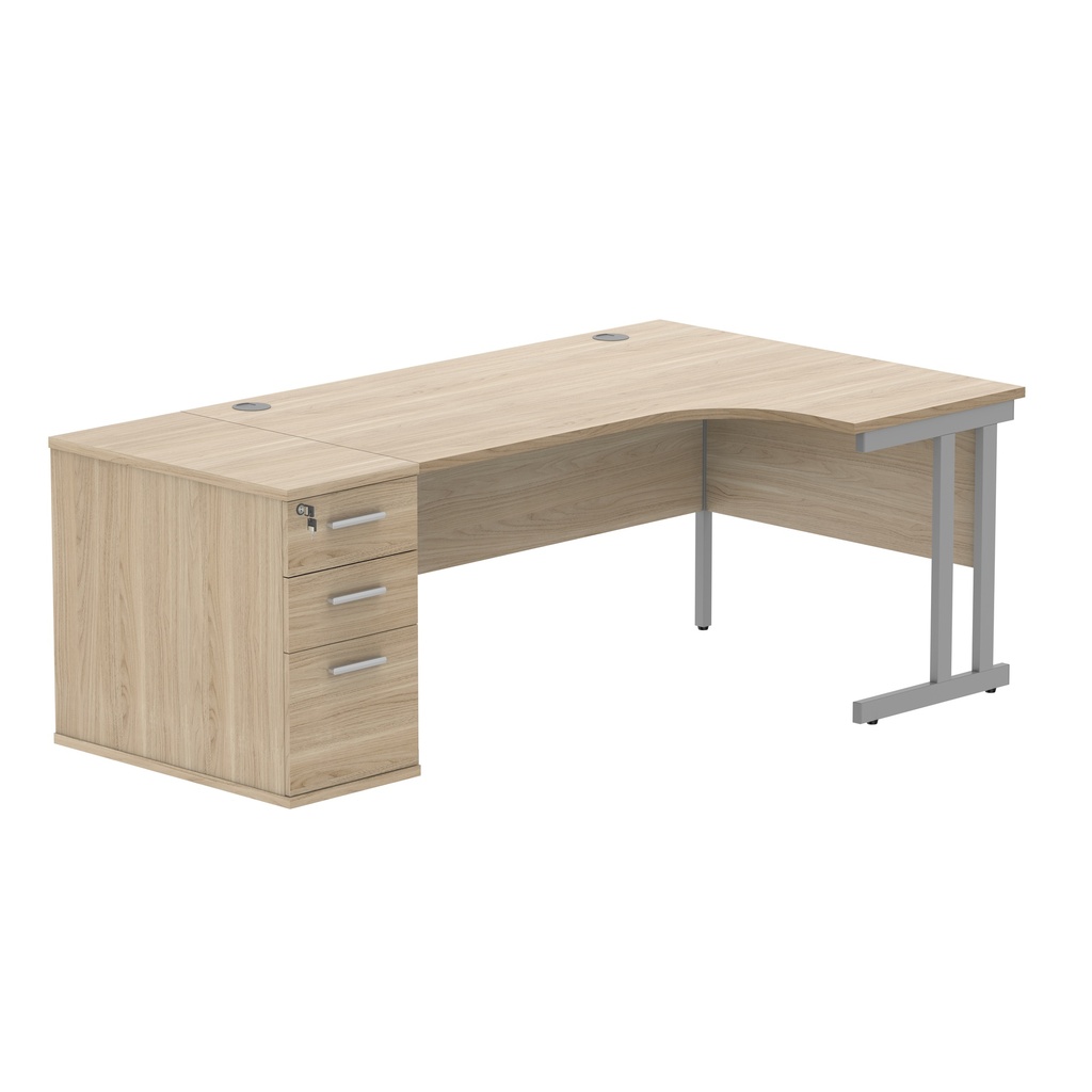 Double Upright Right Hand Radial Desk + Desk High Pedestal (FSC) | 800mm Deep Pedestal | 1600X1200 | Canadian Oak/Silver