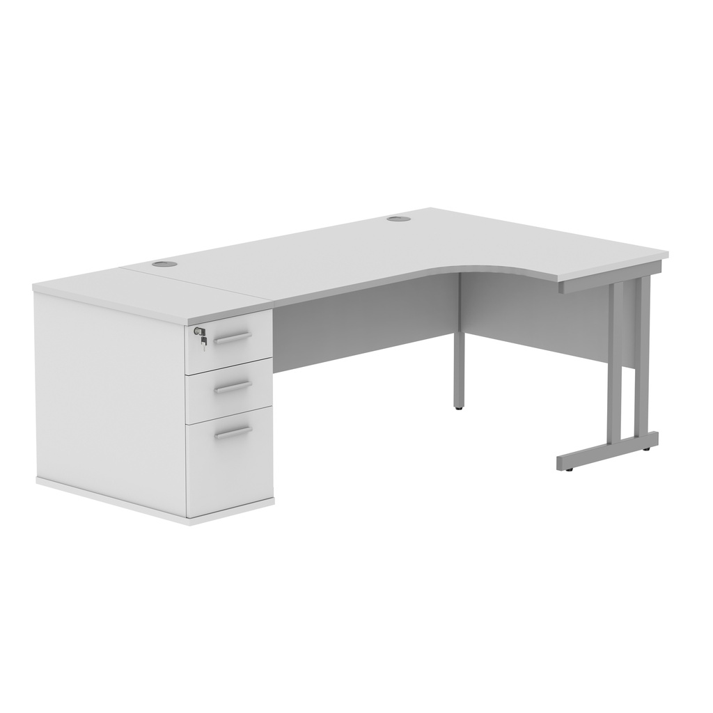 Double Upright Right Hand Radial Desk + Desk High Pedestal (FSC) | 800mm Deep Pedestal | 1600X1200 | Arctic White/Silver