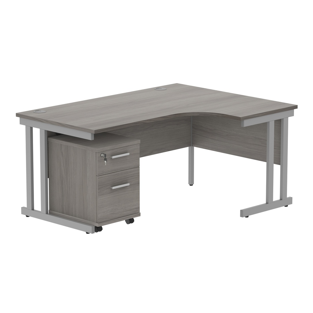 Double Upright Right Hand Radial Desk + 2 Drawer Mobile Under Desk Pedestal (FSC) | 1600X1200 | Alaskan Grey Oak/Silver
