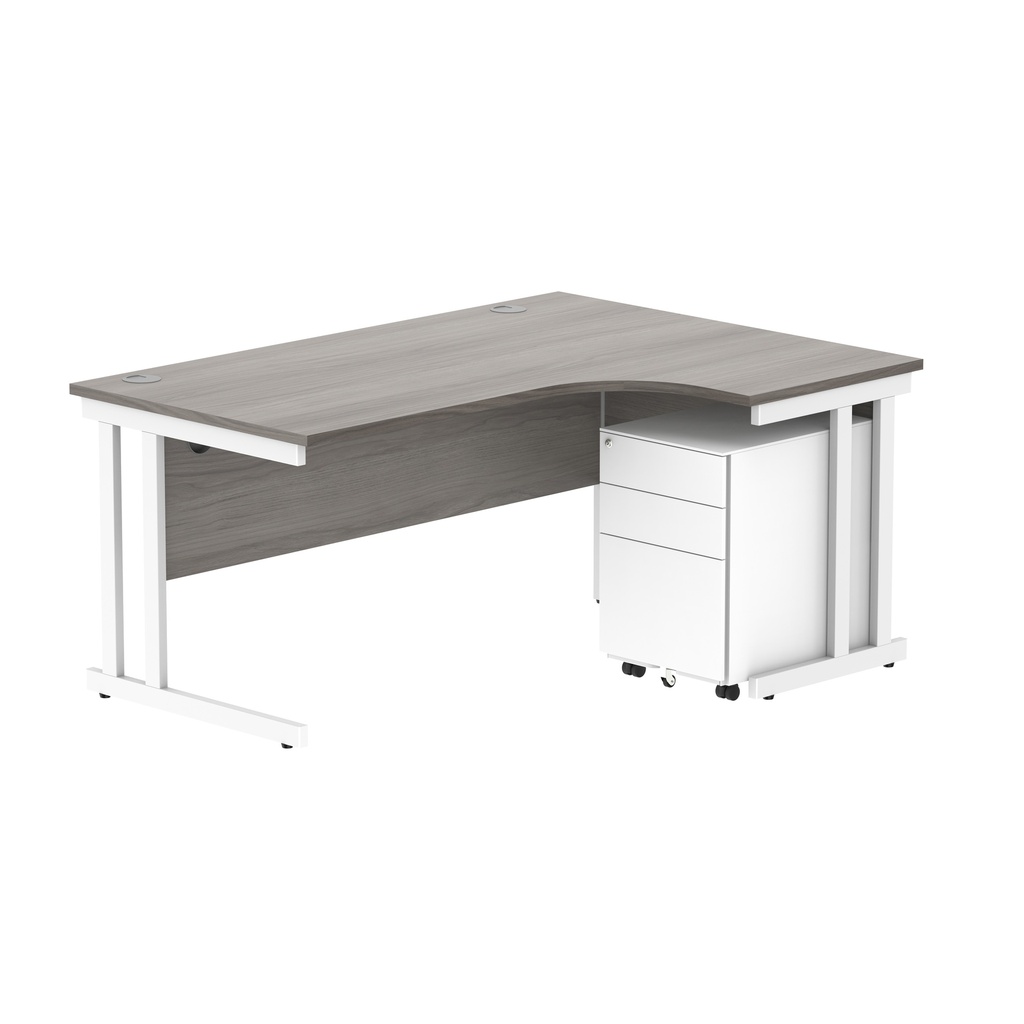 Double Upright Right Hand Radial Desk + Under Desk Steel Pedestal 3 Drawers (FSC) | 1600X1200 | Alaskan Grey Oak/White