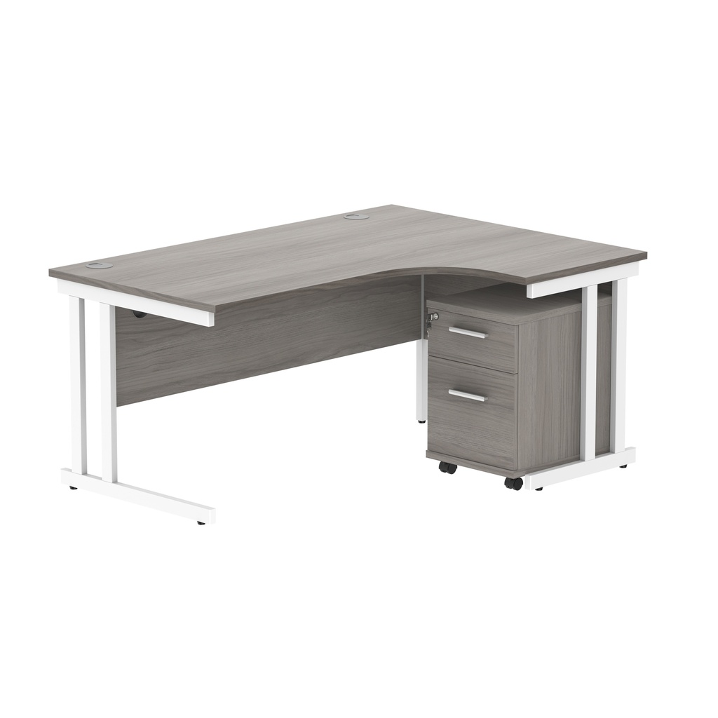 Double Upright Right Hand Radial Desk + 2 Drawer Mobile Under Desk Pedestal (FSC) | 1600X1200 | Alaskan Grey Oak/White