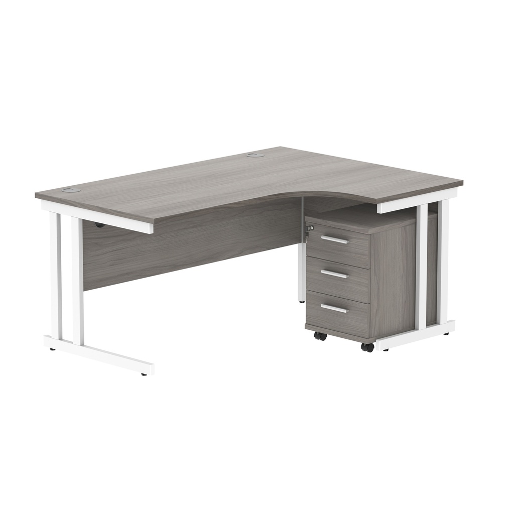 Double Upright Right Hand Radial Desk + 3 Drawer Mobile Under Desk Pedestal (FSC) | 1600X1200 | Alaskan Grey Oak/White