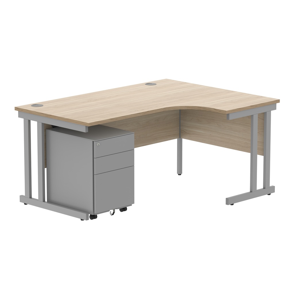 Double Upright Right Hand Radial Desk + Under Desk Steel Pedestal 3 Drawers (FSC) | 1600X1200 | Canadian Oak/Silver