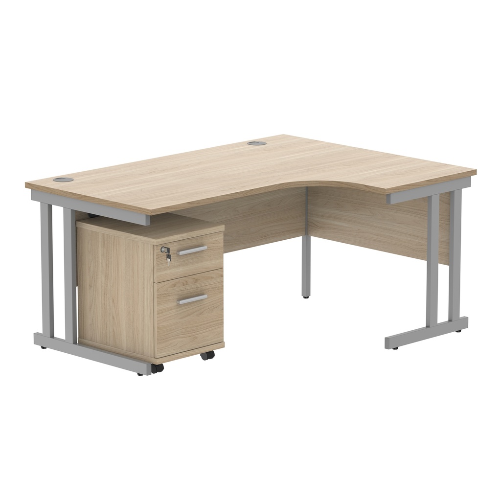 Double Upright Right Hand Radial Desk + 2 Drawer Mobile Under Desk Pedestal (FSC) | 1600X1200 | Canadian Oak/Silver
