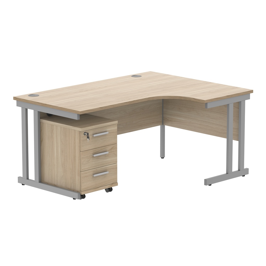 Double Upright Right Hand Radial Desk + 3 Drawer Mobile Under Desk Pedestal (FSC) | 1600X1200 | Canadian Oak/Silver