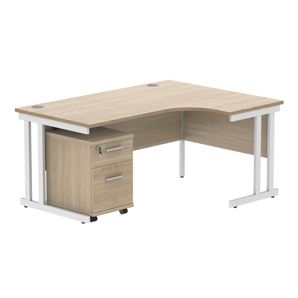 Double Upright Right Hand Radial Desk + 2 Drawer Mobile Under Desk Pedestal (FSC) | 1600X1200 | Canadian Oak/White