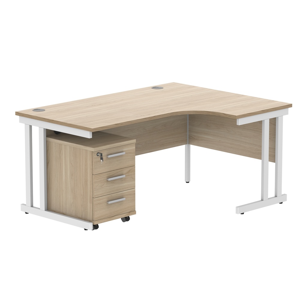 Double Upright Right Hand Radial Desk + 3 Drawer Mobile Under Desk Pedestal (FSC) | 1600X1200 | Canadian Oak/White