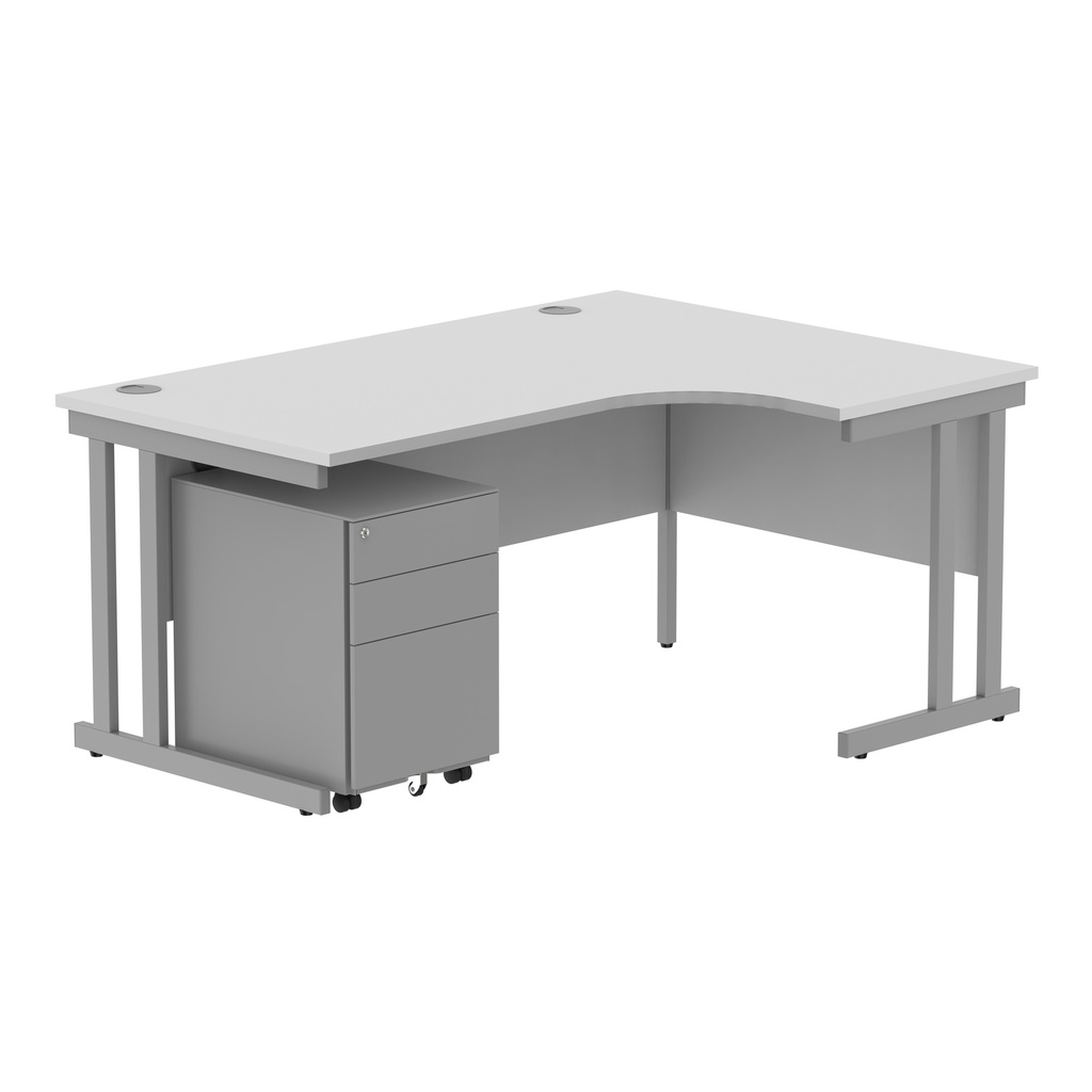 Double Upright Right Hand Radial Desk + Under Desk Steel Pedestal 3 Drawers (FSC) | 1600X1200 | Arctic White/Silver
