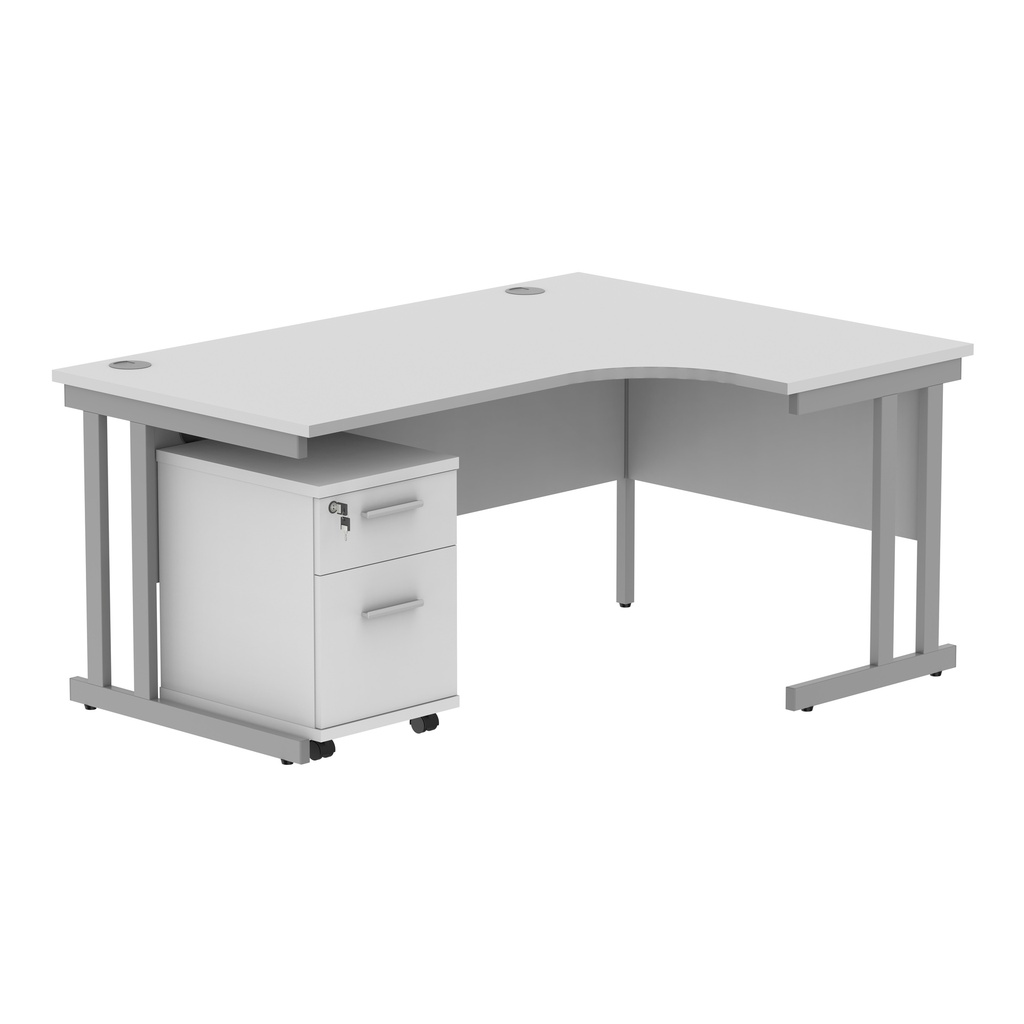 Double Upright Right Hand Radial Desk + 2 Drawer Mobile Under Desk Pedestal (FSC) | 1600X1200 | Arctic White/Silver