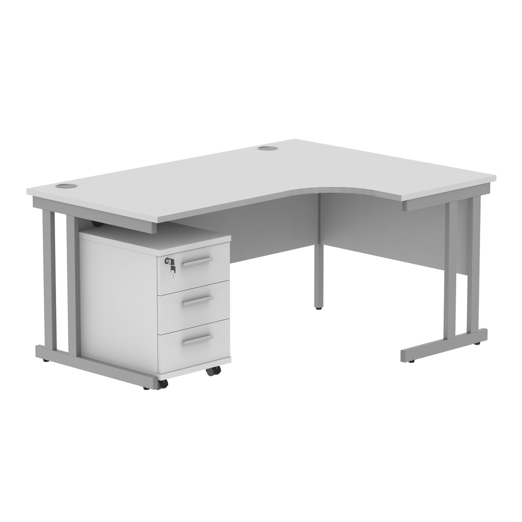 Double Upright Right Hand Radial Desk + 3 Drawer Mobile Under Desk Pedestal (FSC) | 1600X1200 | Arctic White/Silver