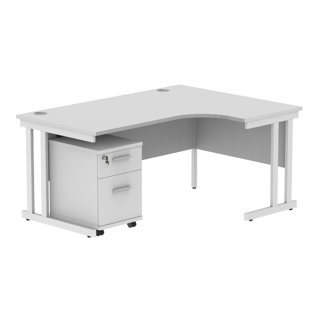 Double Upright Right Hand Radial Desk + 2 Drawer Mobile Under Desk Pedestal (FSC) | 1600X1200 | Arctic White/White