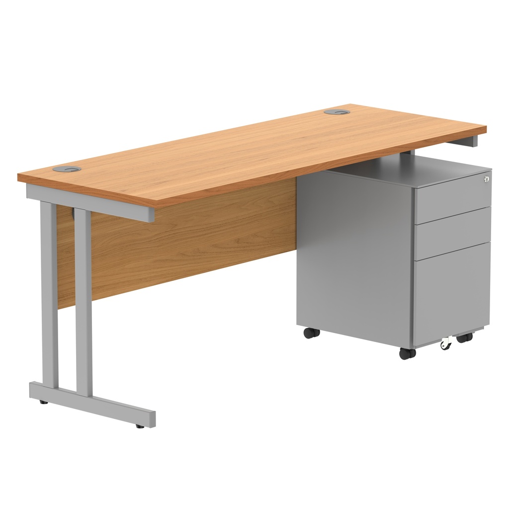 Double Upright Rectangular Desk + Under Desk Steel Pedestal 3 Drawers (FSC) | 1600X600 | Norwegian Beech/Silver