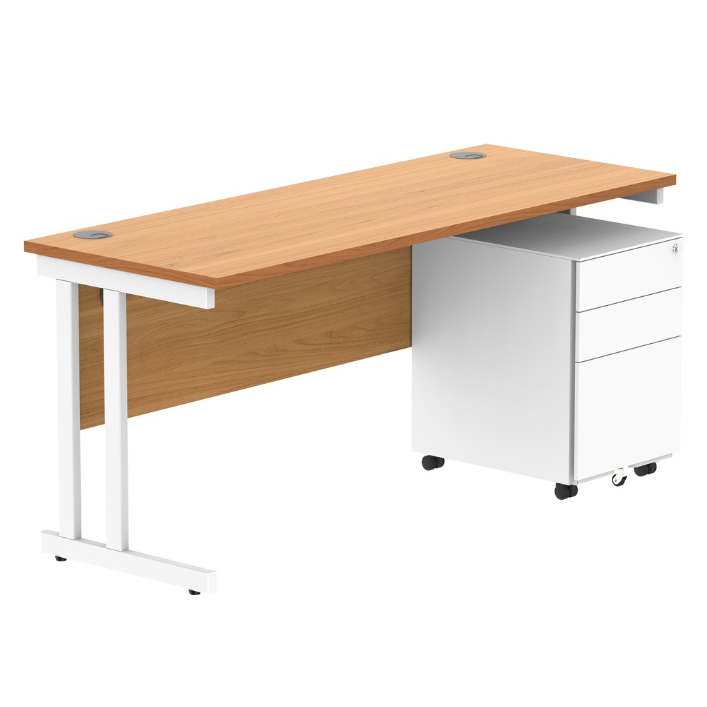 Double Upright Rectangular Desk + Under Desk Steel Pedestal 3 Drawers (FSC) | 1600X600 | Norwegian Beech/White