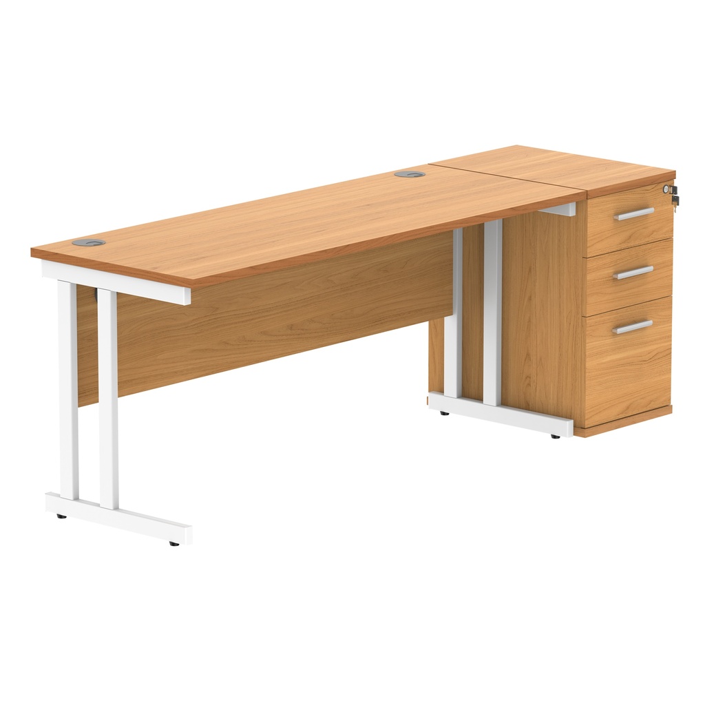 Double Upright Rectangular Desk + Desk High Pedestal (FSC) | 1600X600 | Norwegian Beech/White
