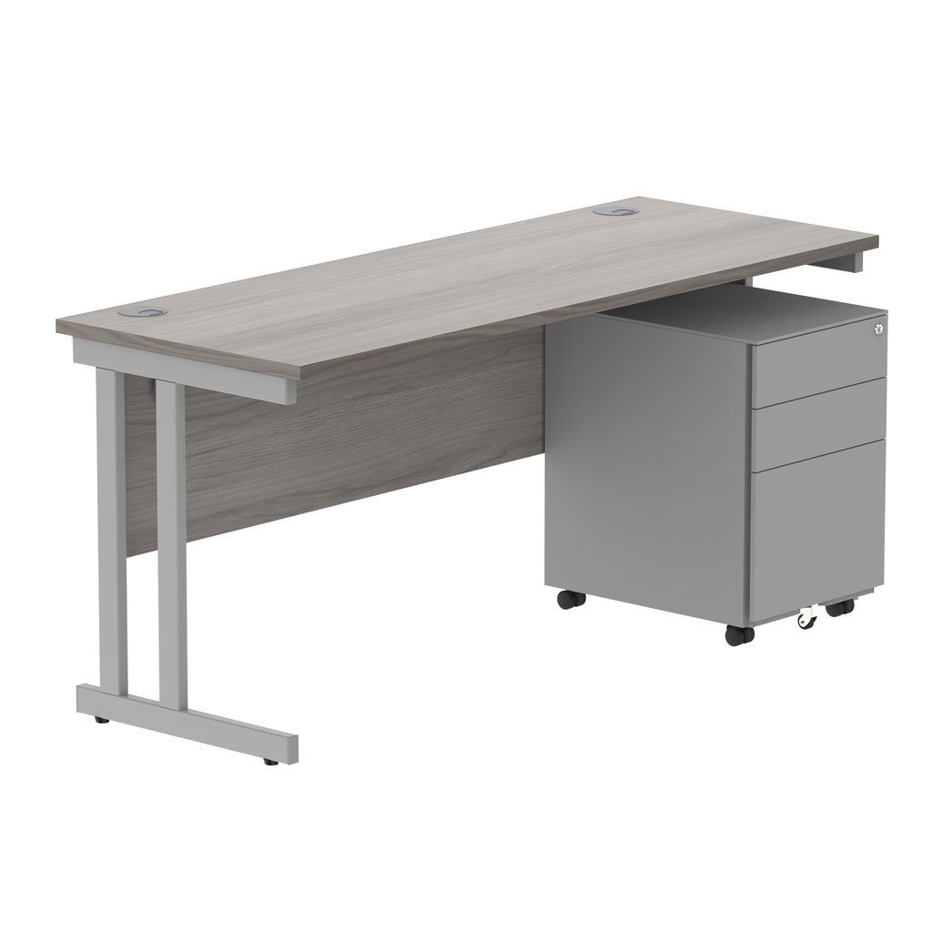Double Upright Rectangular Desk + Under Desk Steel Pedestal 3 Drawers (FSC) | 1600X600 | Alaskan Grey Oak/Silver