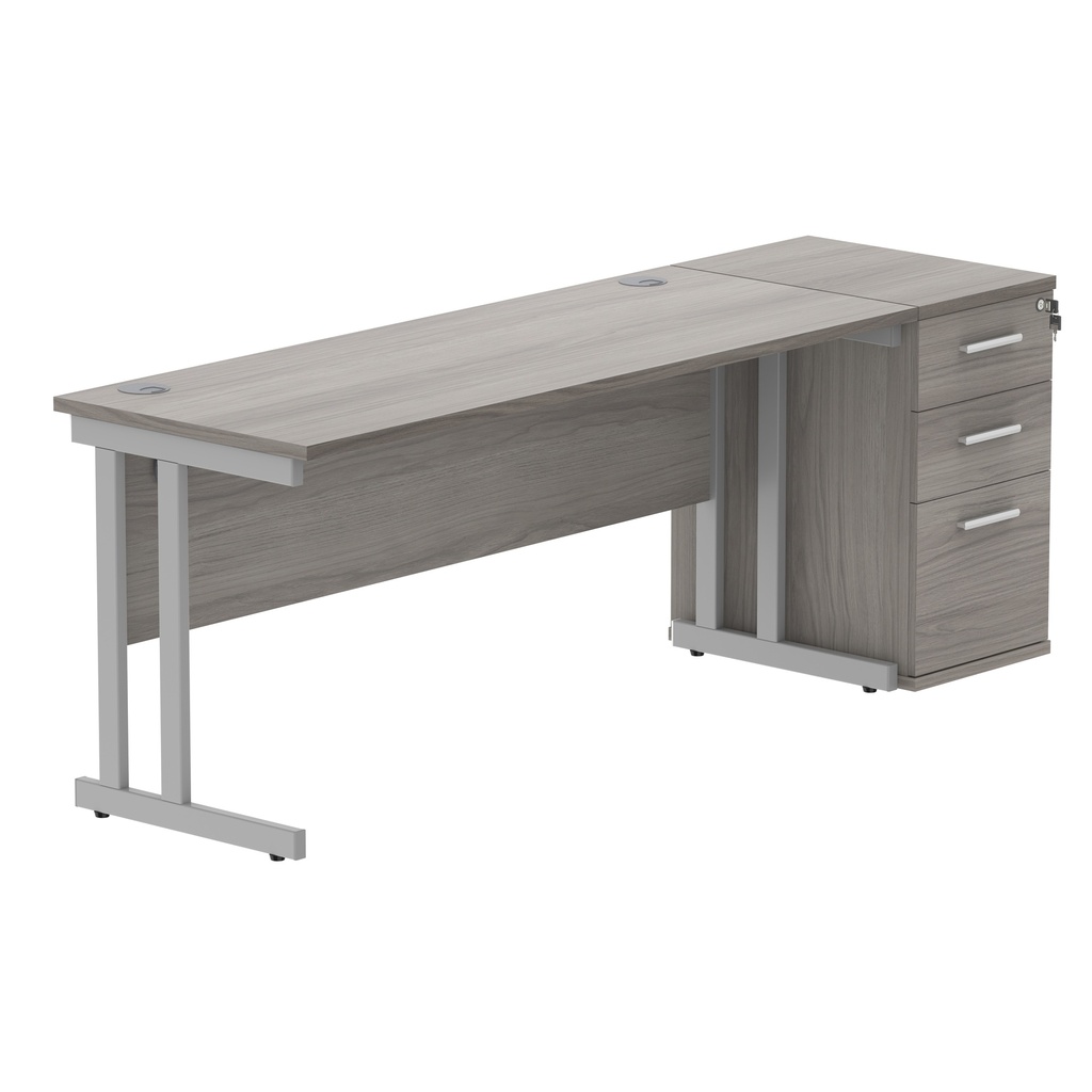 Double Upright Rectangular Desk + Desk High Pedestal (FSC) | 1600X600 | Alaskan Grey Oak/Silver
