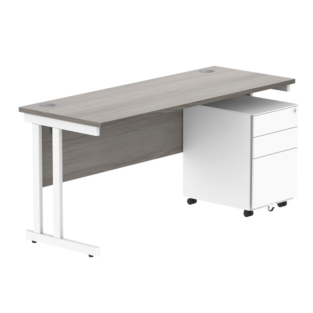 Double Upright Rectangular Desk + Under Desk Steel Pedestal 3 Drawers (FSC) | 1600X600 | Alaskan Grey Oak/White
