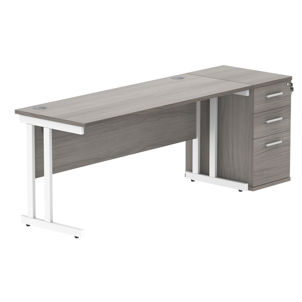Double Upright Rectangular Desk + Desk High Pedestal (FSC) | 1600X600 | Alaskan Grey Oak/White