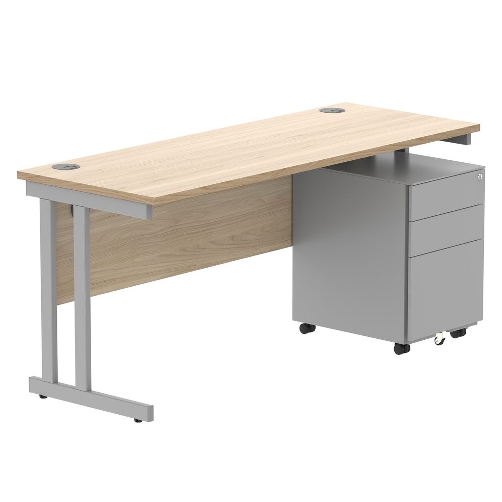 Double Upright Rectangular Desk + Under Desk Steel Pedestal 3 Drawers (FSC) | 1600X600 | Canadian Oak/Silver