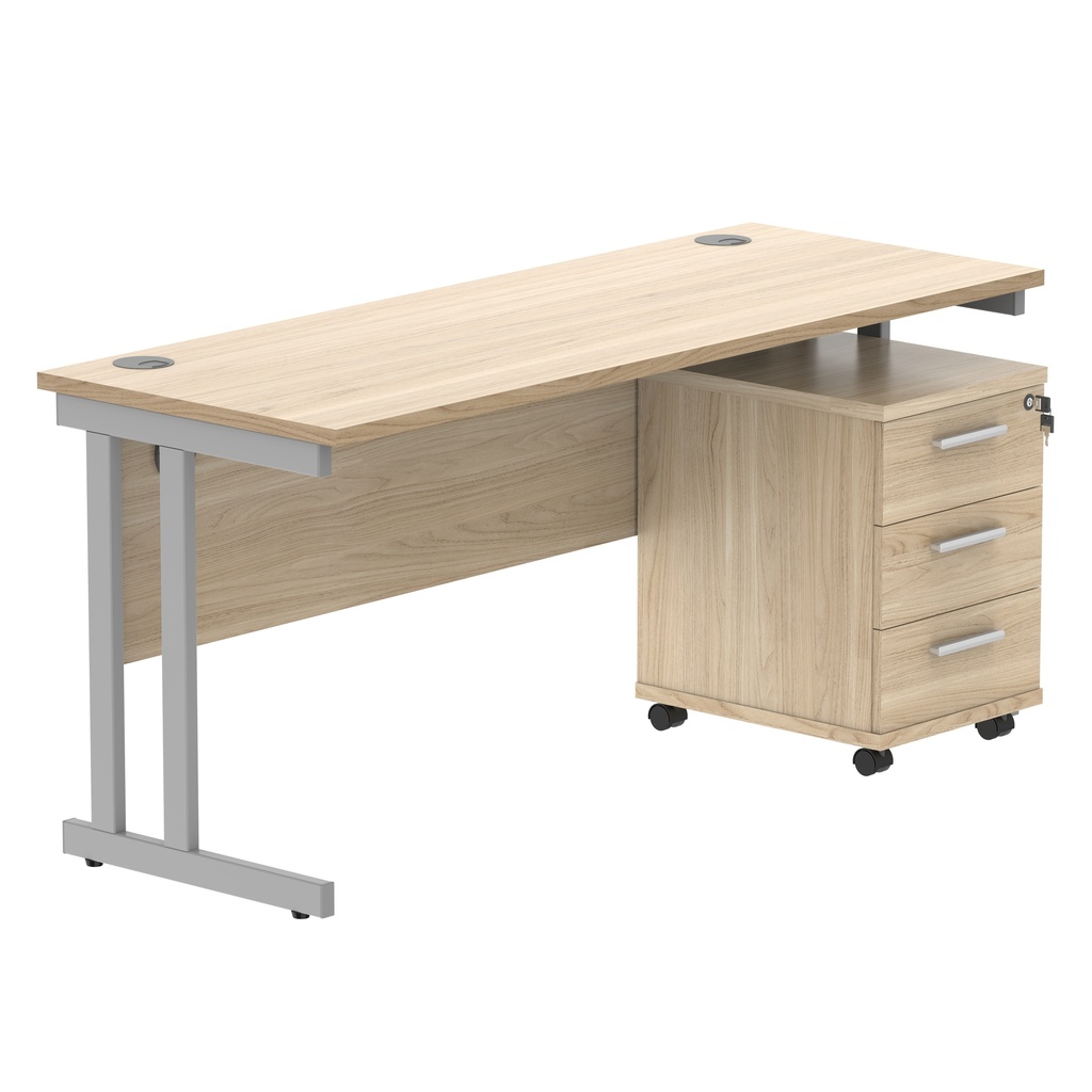 Double Upright Rectangular Desk + 3 Drawer Mobile Under Desk Pedestal (FSC) | 1600X600 | Canadian Oak/Silver