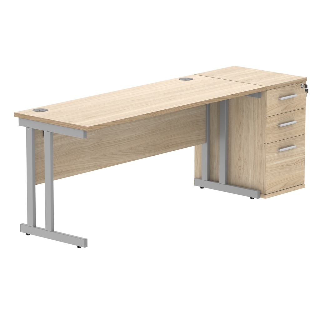 Double Upright Rectangular Desk + Desk High Pedestal (FSC) | 1600X600 | Canadian Oak/Silver