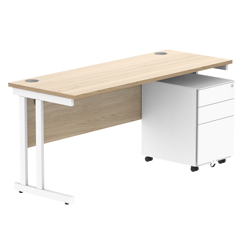 Double Upright Rectangular Desk + Under Desk Steel Pedestal 3 Drawers (FSC) | 1600X600 | Canadian Oak/White