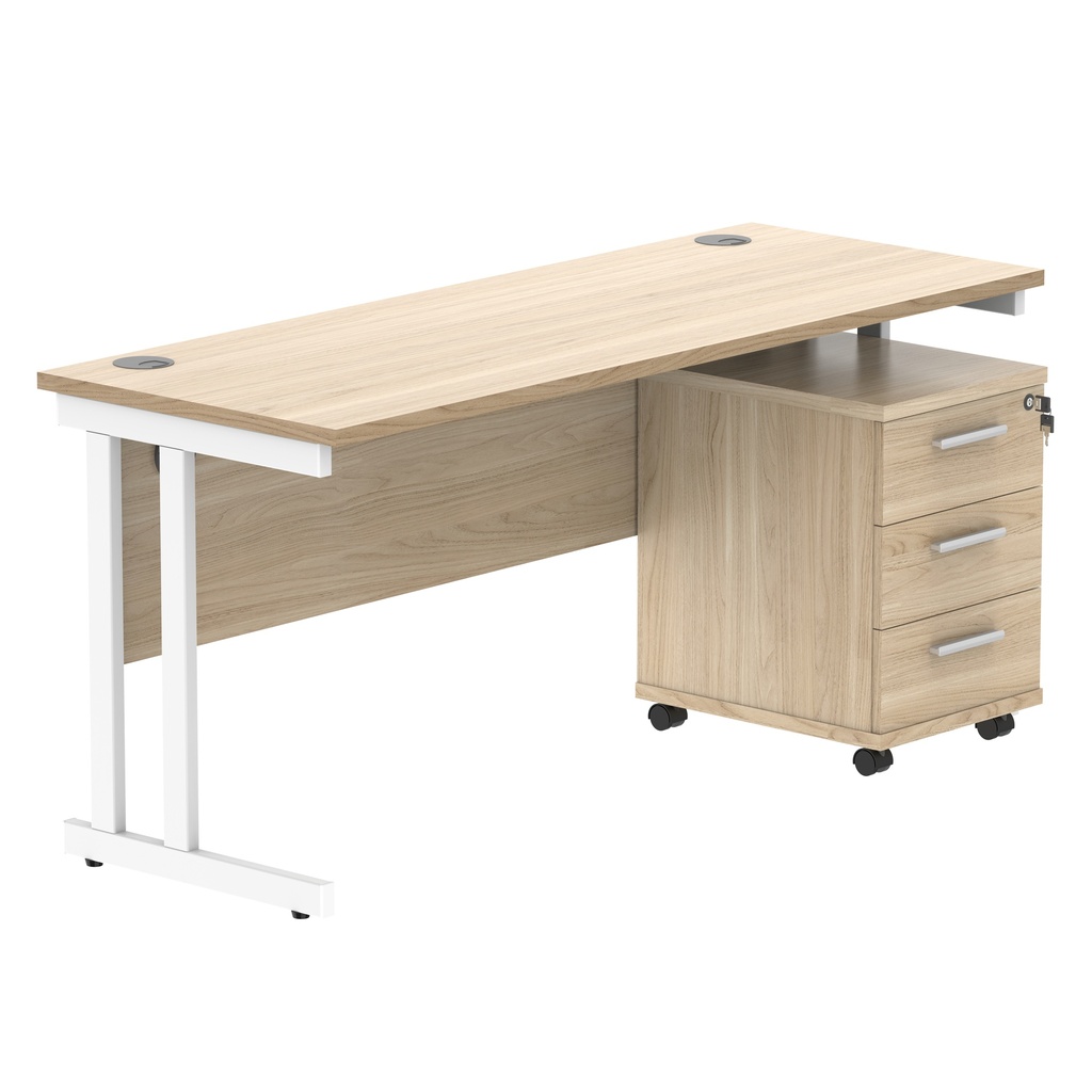 Double Upright Rectangular Desk + 3 Drawer Mobile Under Desk Pedestal (FSC) | 1600X600 | Canadian Oak/White