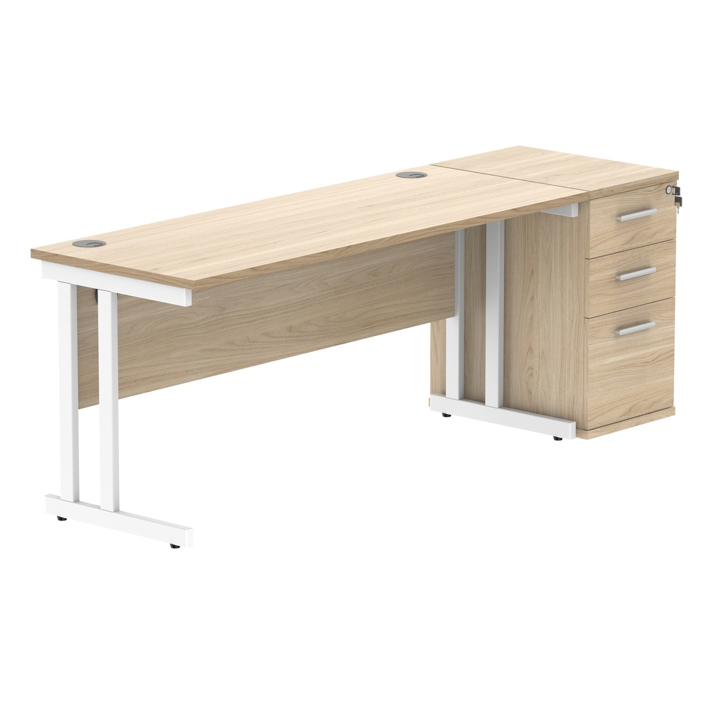Double Upright Rectangular Desk + Desk High Pedestal (FSC) | 1600X600 | Canadian Oak/White