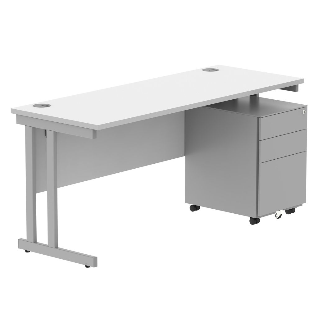 Double Upright Rectangular Desk + Under Desk Steel Pedestal 3 Drawers (FSC) | 1600X600 | Arctic White/Silver