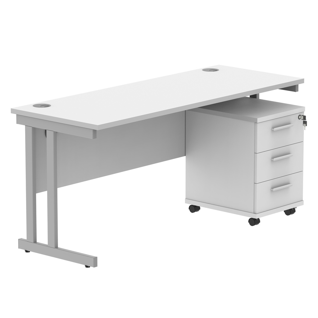 Double Upright Rectangular Desk + 3 Drawer Mobile Under Desk Pedestal (FSC) | 1600X600 | Arctic White/Silver