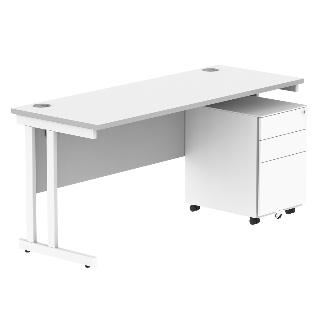 Double Upright Rectangular Desk + Under Desk Steel Pedestal 3 Drawers (FSC) | 1600X600 | Arctic White/White