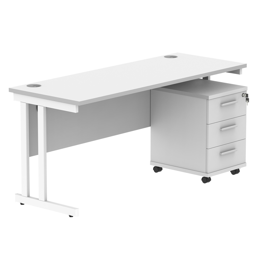 Double Upright Rectangular Desk + 3 Drawer Mobile Under Desk Pedestal (FSC) | 1600X600 | Arctic White/White