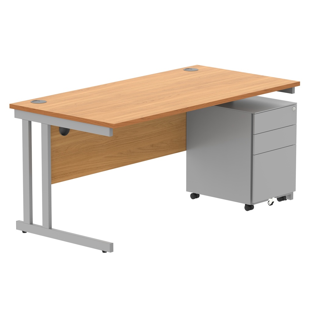 Double Upright Rectangular Desk + Under Desk Steel Pedestal 3 Drawers (FSC) | 1600X800 | Norwegian Beech/Silver