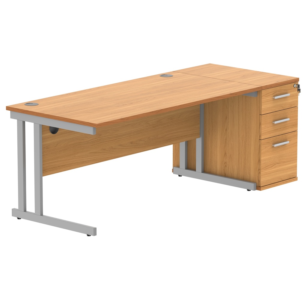 Double Upright Rectangular Desk + Desk High Pedestal (FSC) | 1600X800 | Norwegian Beech/Silver