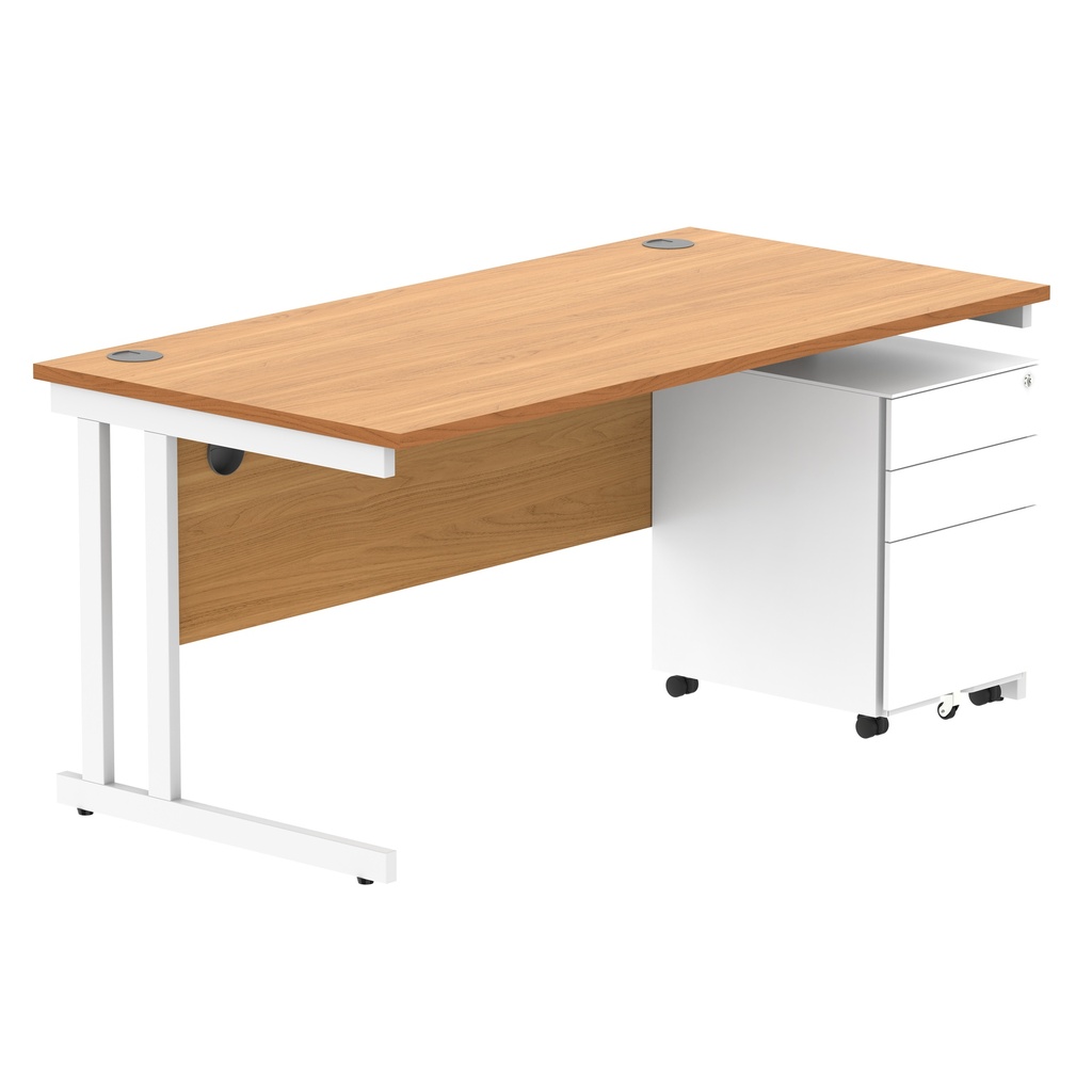 Double Upright Rectangular Desk + Under Desk Steel Pedestal 3 Drawers (FSC) | 1600X800 | Norwegian Beech/White